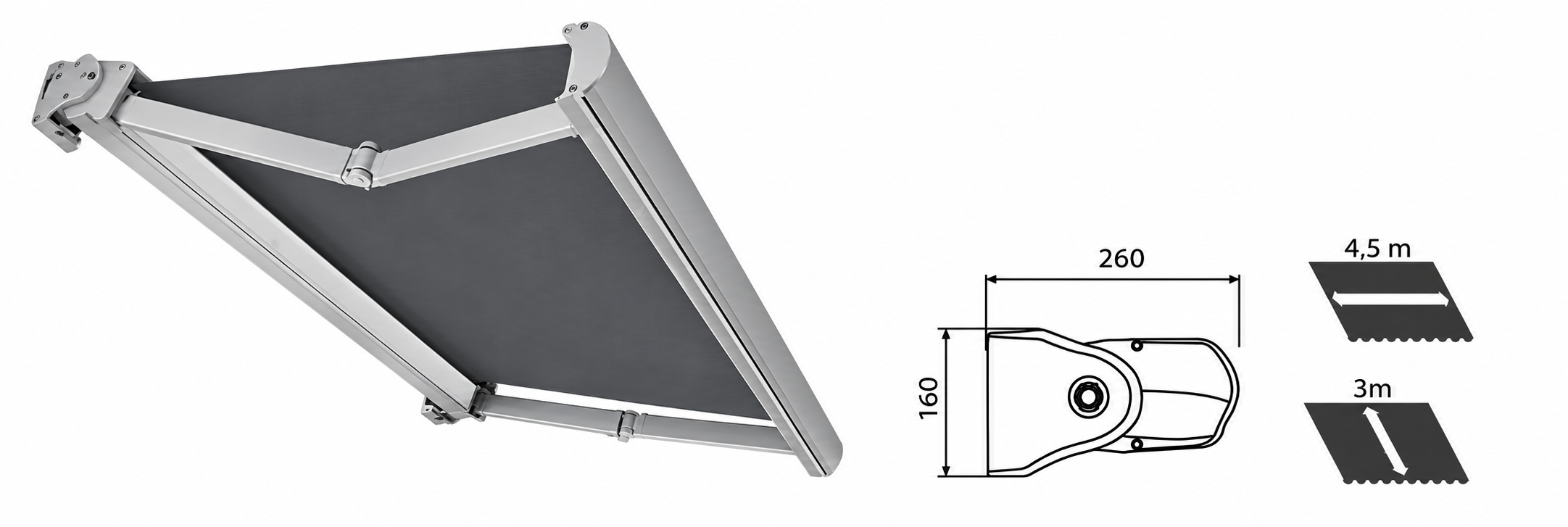 Kasetna tenda MALTA sa zglobnim rukama i tehnički crtež kutije 260 × 160 mm