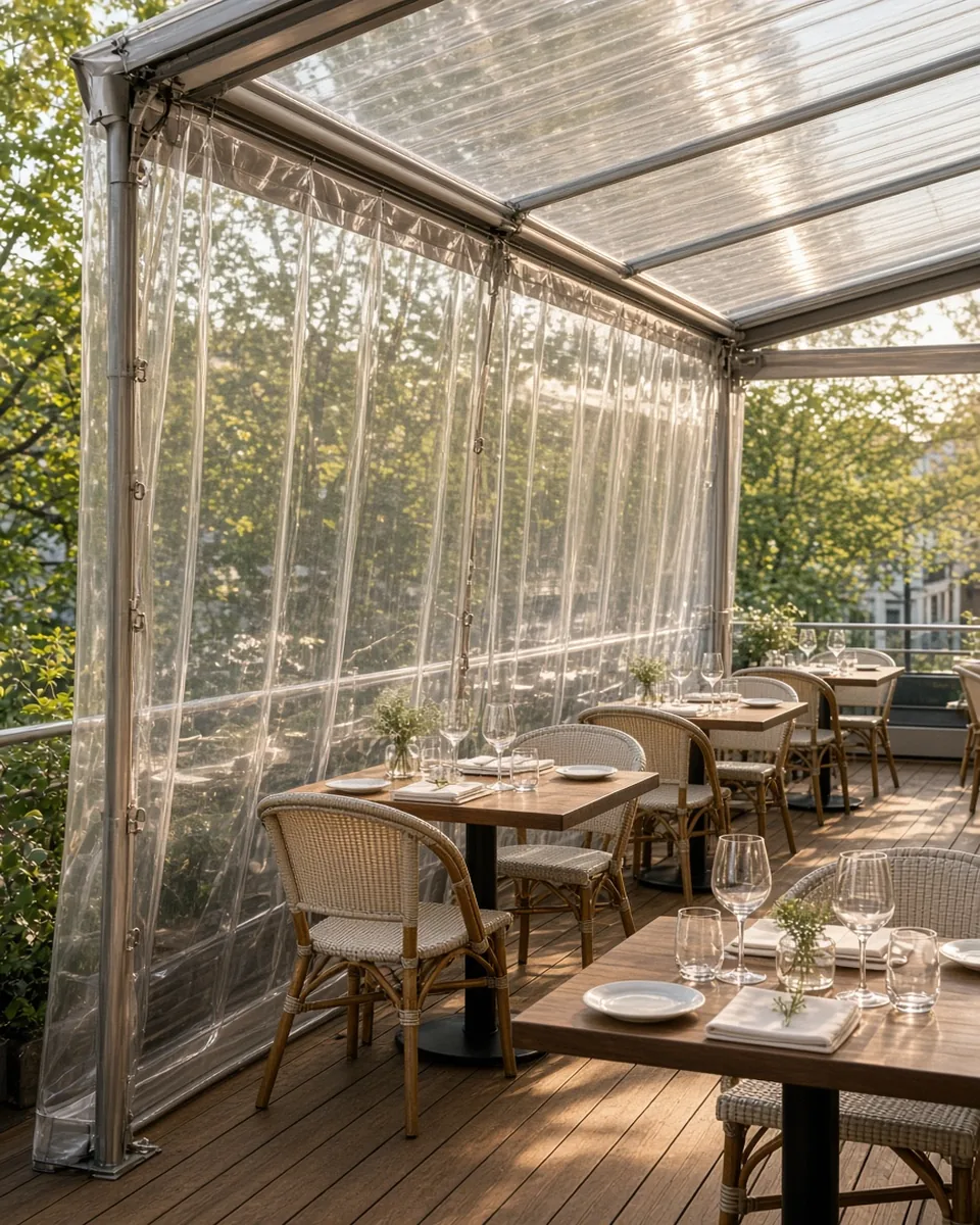 Ugao bašte restorana zatvoren bočnim PVC tendama