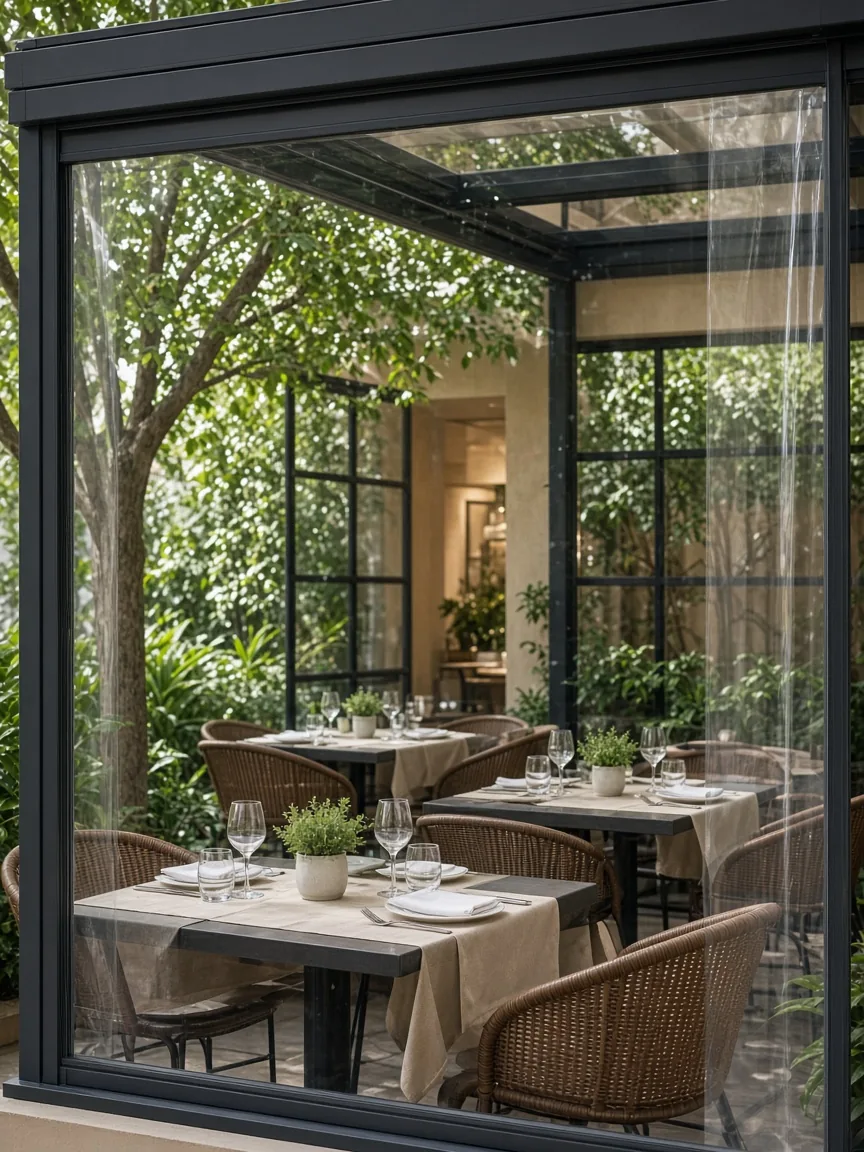 Pogled kroz providni PVC prozor tende MILANO na bašti restorana