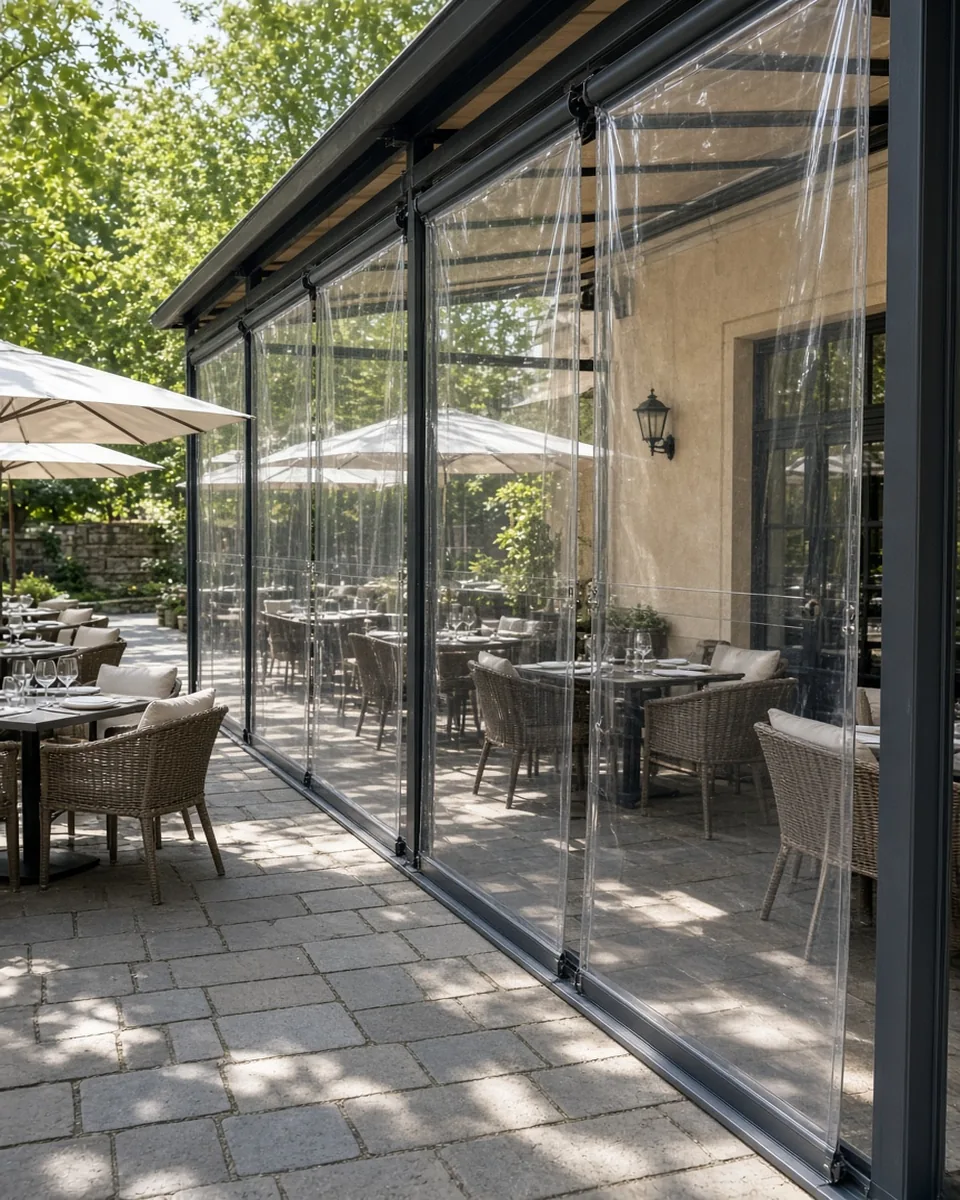 Niz tamnih vertikalnih tendi MILANO Q130 zatvara baštu restorana