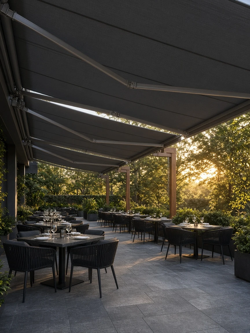Tenda SIRIO GIGANT sa TEMPOTEST platnom – realna montaža na objektu