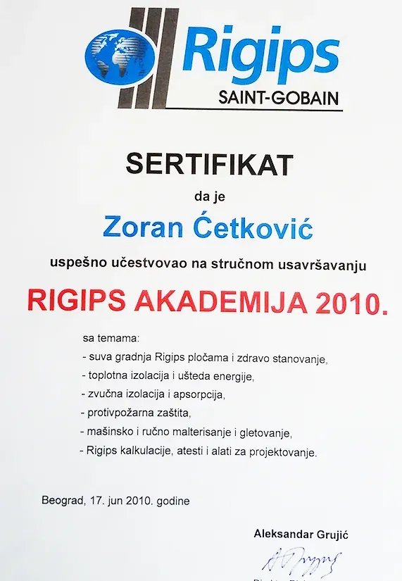 Sertifikat Rigips Akademija 2010 o stručnom usavršavanju u oblasti suve gradnje
