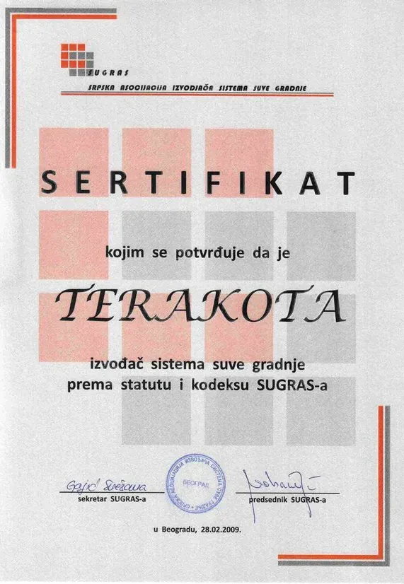 Sertifikat kojim se potvrđuje da je Terakota izvođač sistema suve gradnje prema statutu i kodeksu SUGRAS-a