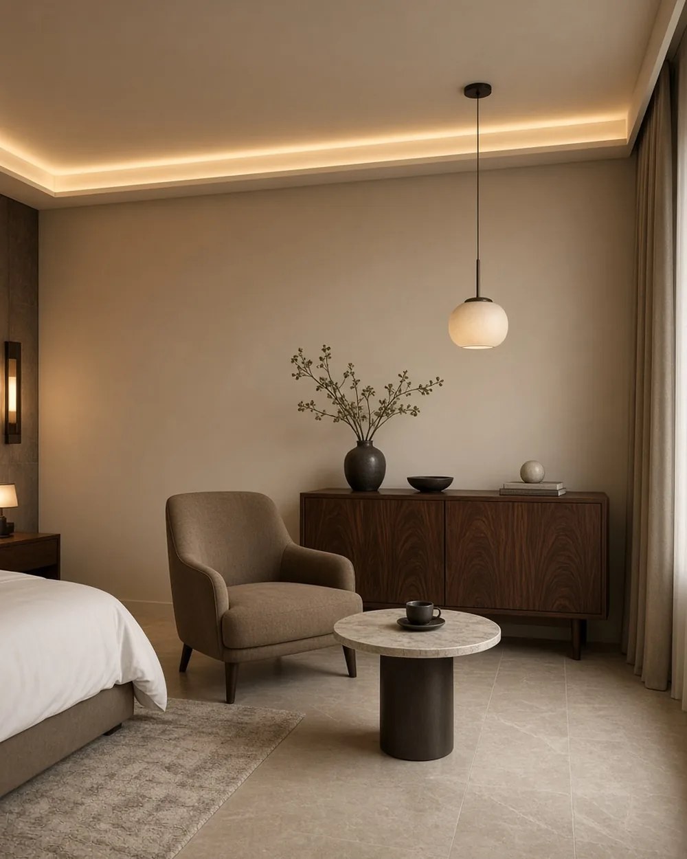 Hotelska soba sa ugradnim osvetljenjem plafona i drvenim komodom